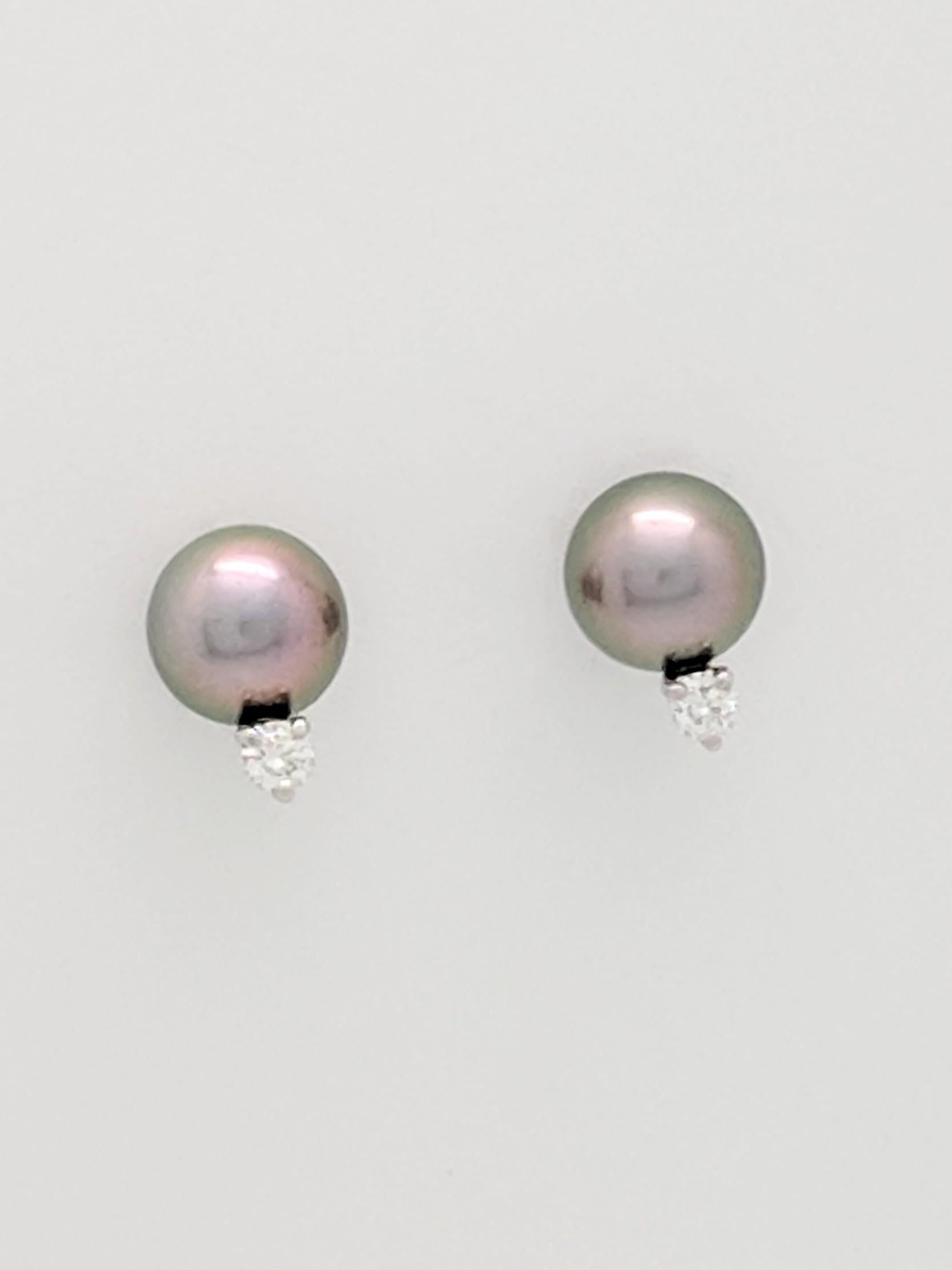 Contemporary Mikimoto Black South Sea Stud Earrings with Diamonds Set in 18 Karat White Gold