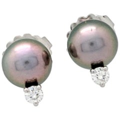 Mikimoto Black South Sea Stud Earrings with Diamonds Set in 18 Karat White Gold