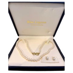 Mikimoto, Blue Lagoon 14K Yellow Gold Akoya Pearl Necklace & Earrings Set in Box