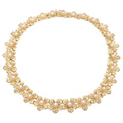 Mikimoto Boutique Heavy 18K Gold Cultured Pearl Floral Fine Diamond Necklace