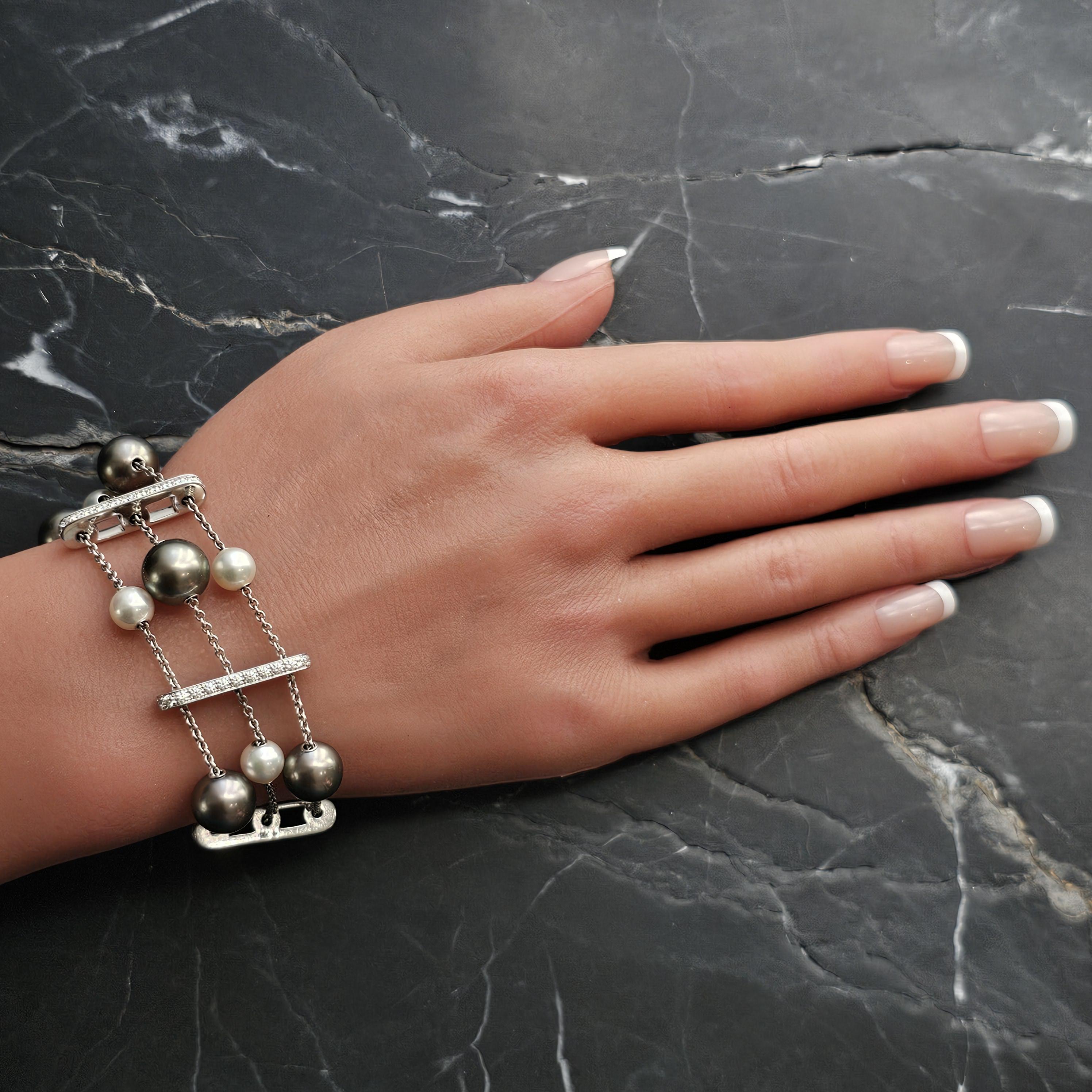 Mikimoto Bracelet 3 Triple Row Pearls in Motion 2ct Diamonds 18k White Gold 5