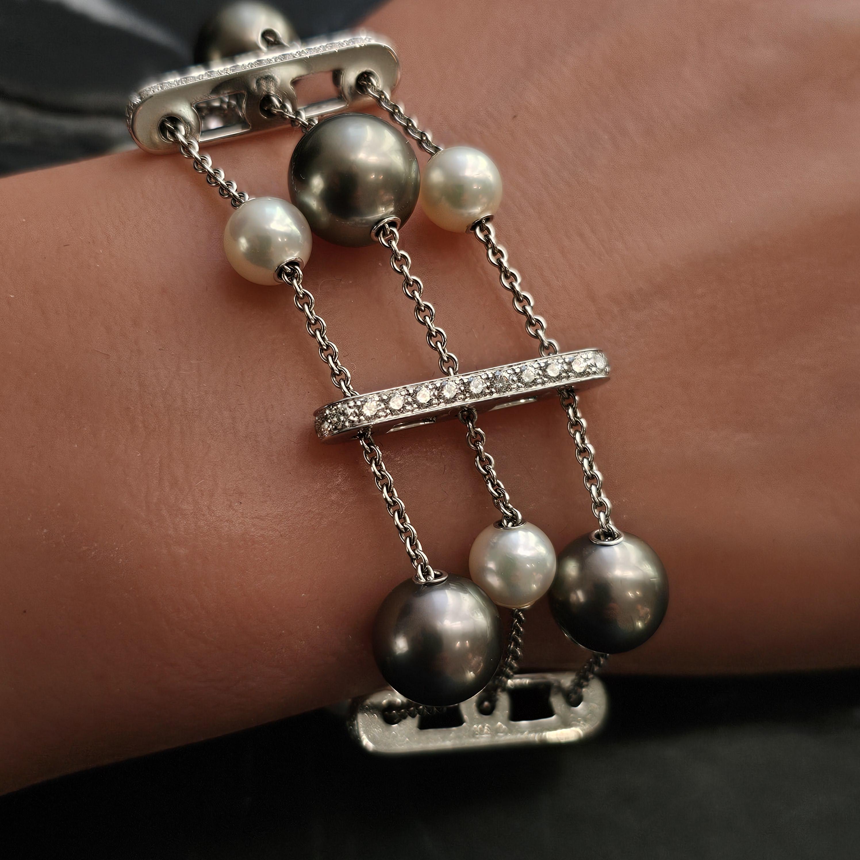 Mikimoto Bracelet 3 Triple Row Pearls in Motion 2ct Diamonds 18k White Gold 7