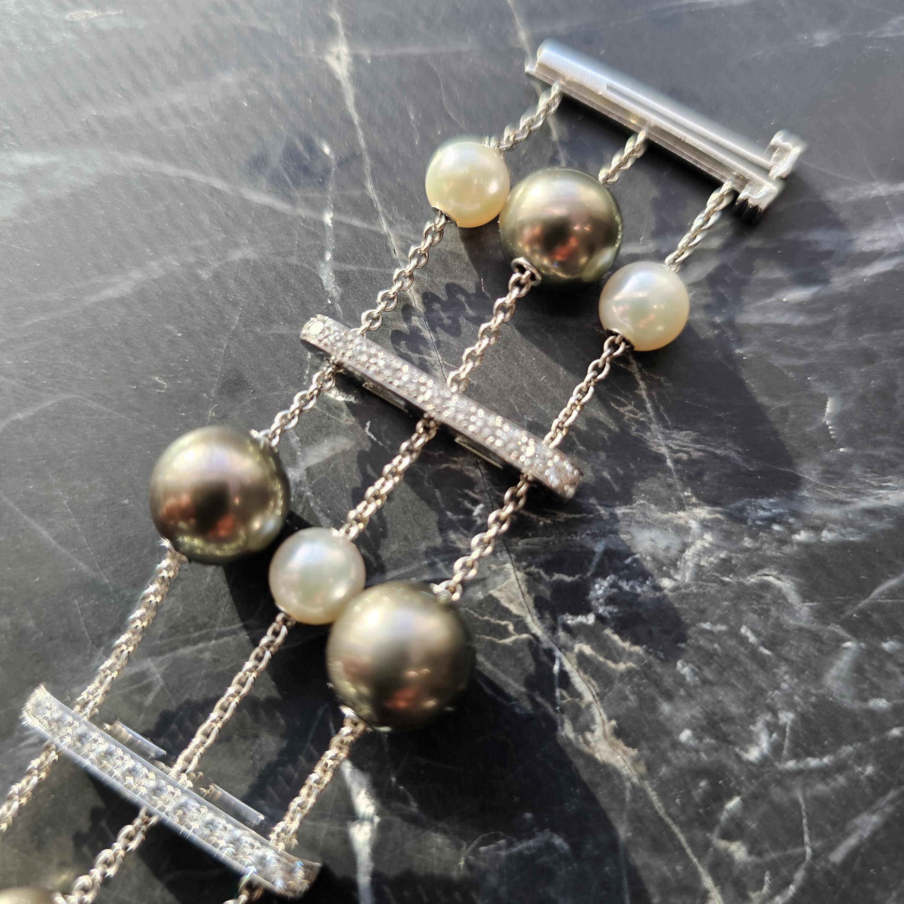 Mikimoto Bracelet 3 Triple Row Pearls in Motion 2ct Diamonds 18k White Gold 8