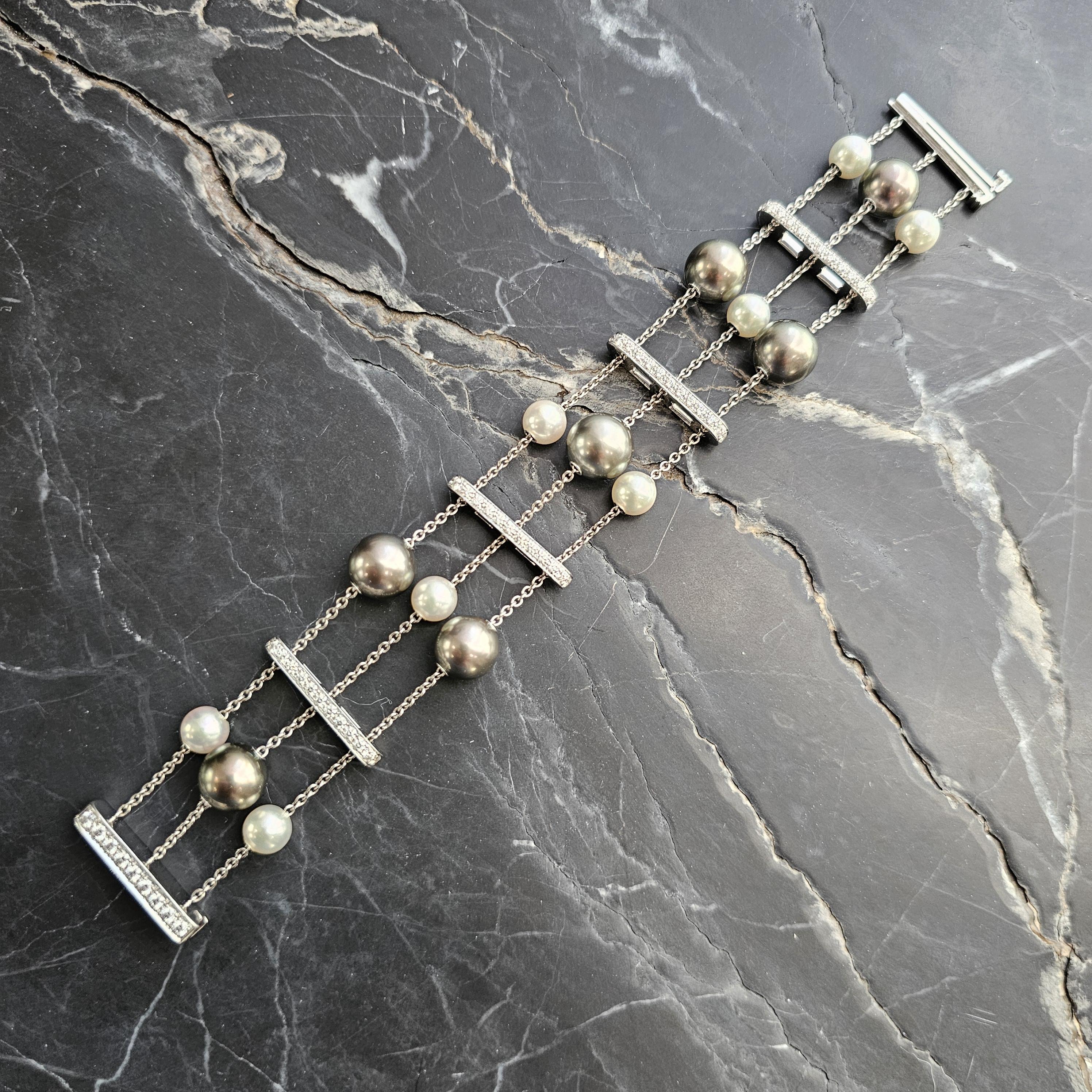Bead Mikimoto Bracelet 3 Triple Row Pearls in Motion 2ct Diamonds 18k White Gold