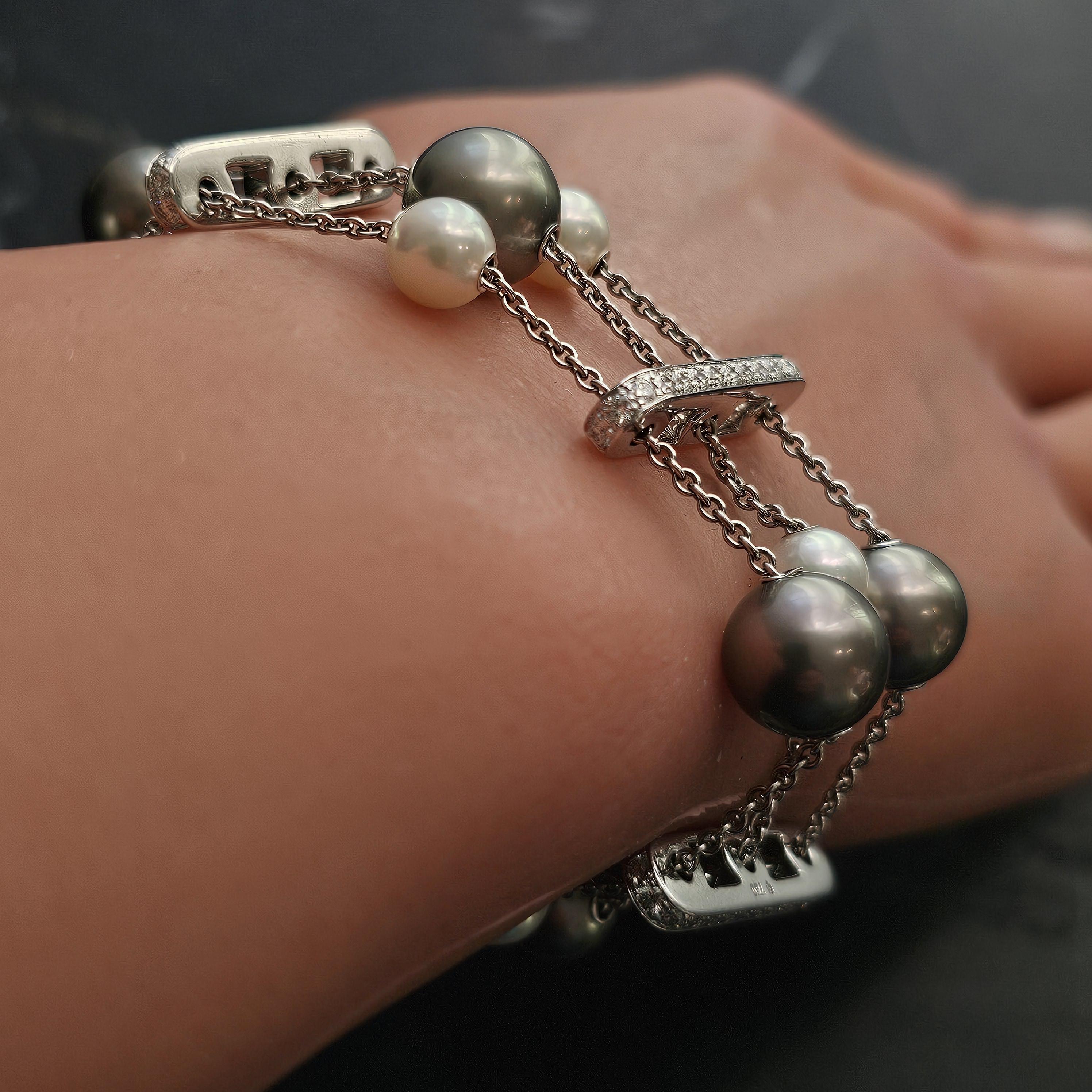 Mikimoto Bracelet 3 Triple Row Pearls in Motion 2ct Diamonds 18k White Gold 3