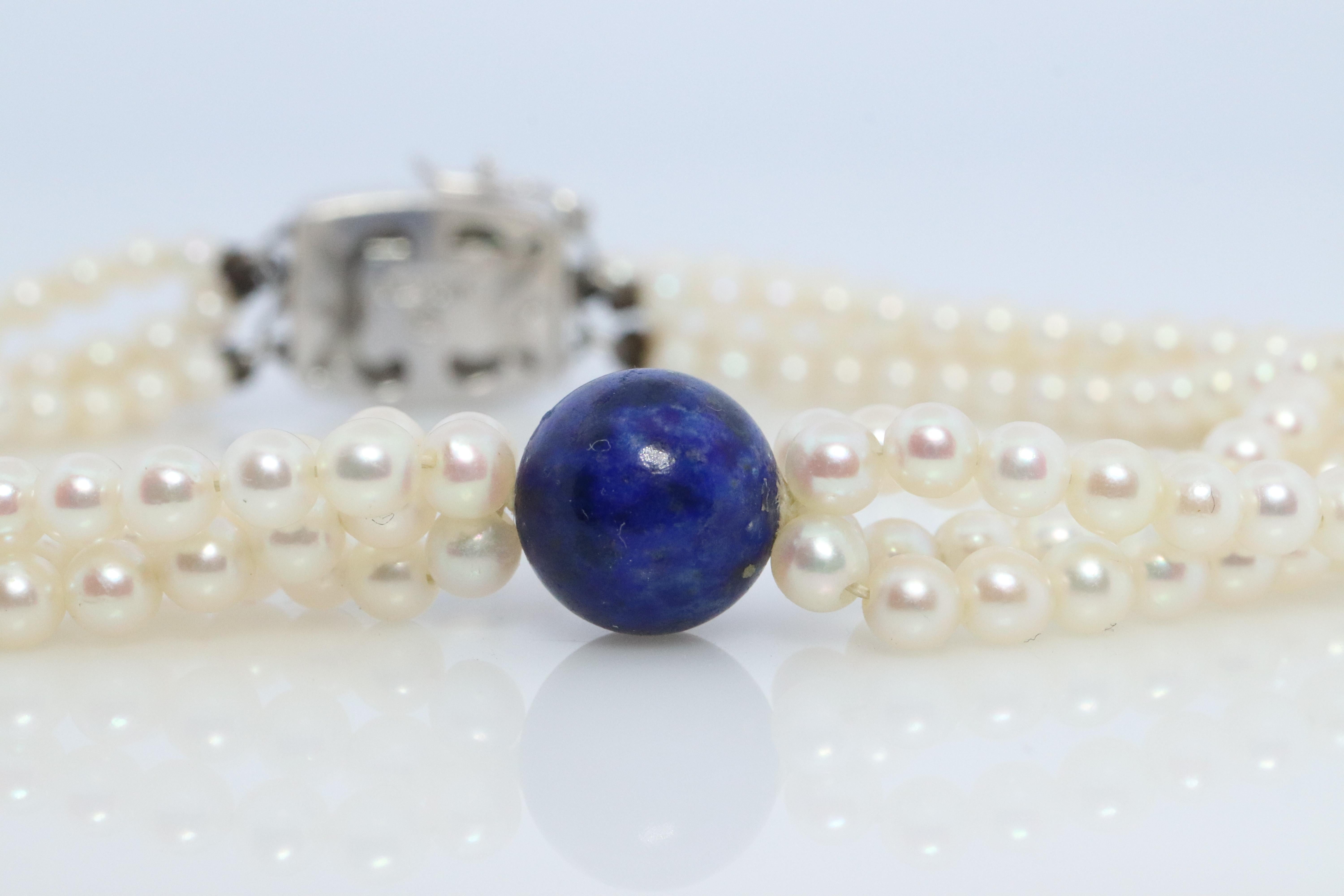 Round Cut Mikimoto Bracelet. Vintage 14k Gold Mikimoto Pearl Strand Bracelet Lapis Lazuli. For Sale