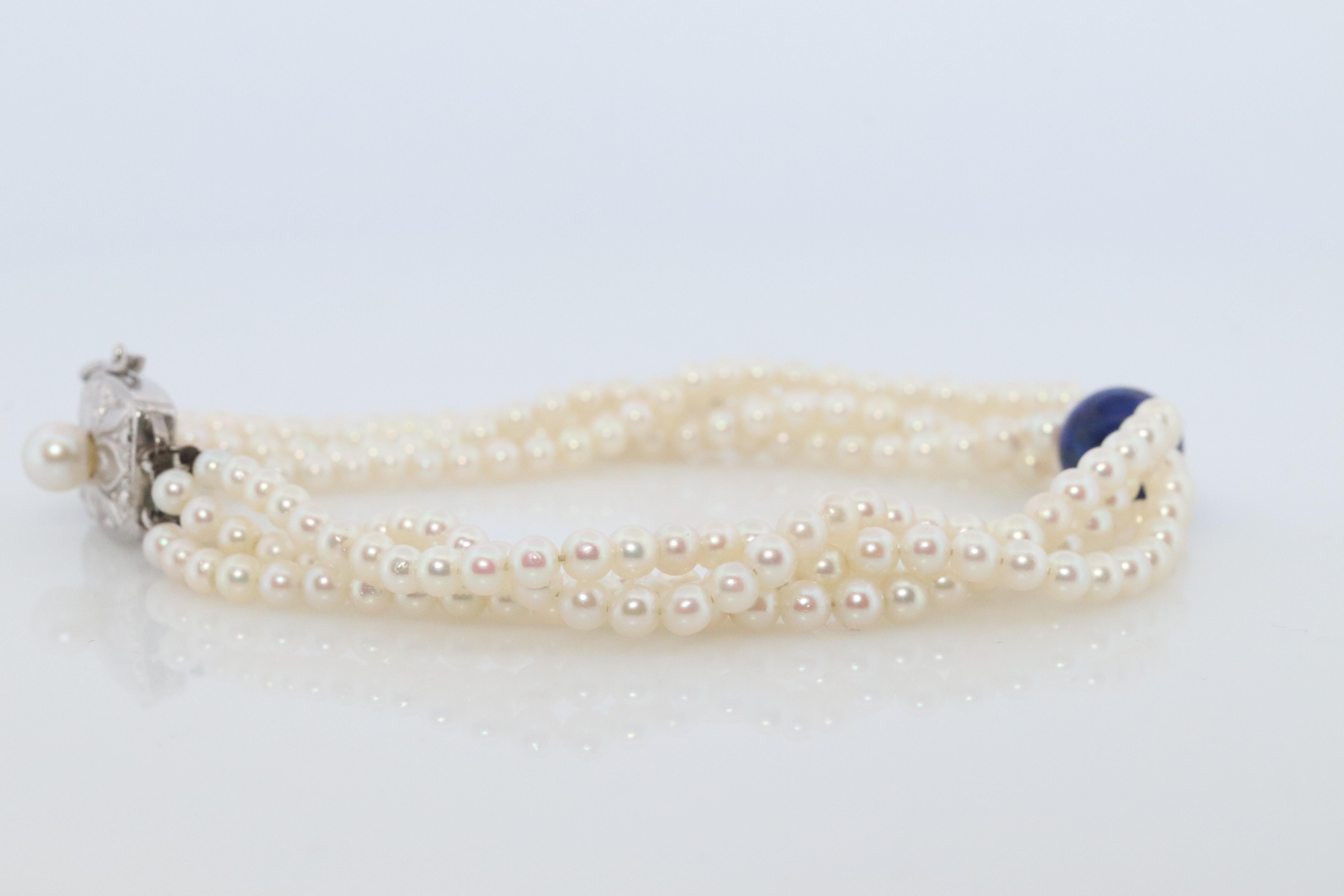 Mikimoto Bracelet. Vintage 14k Gold Mikimoto Pearl Strand Bracelet Lapis Lazuli. In Good Condition For Sale In Port Charlotte, FL