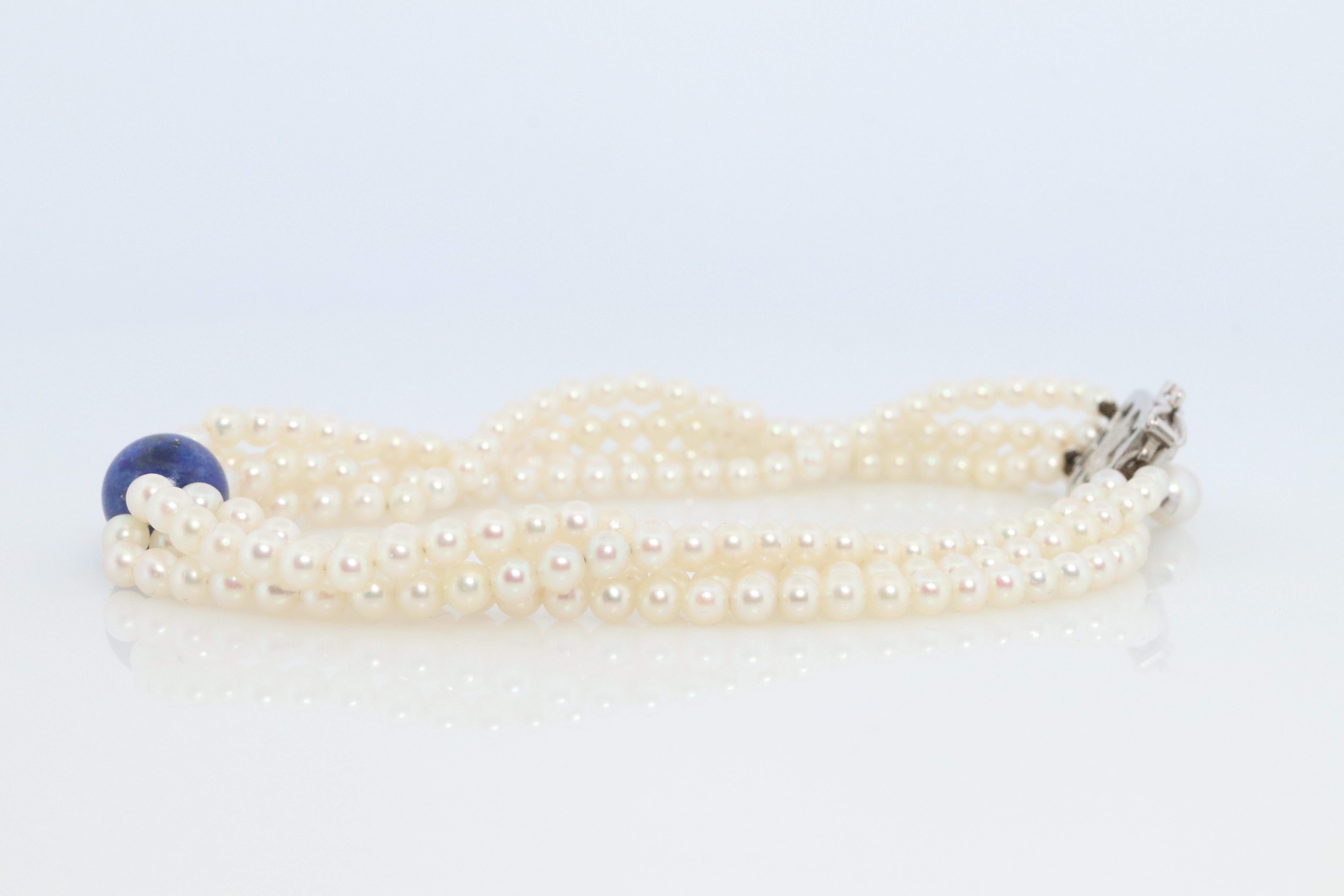 Women's Mikimoto Bracelet. Vintage 14k Gold Mikimoto Pearl Strand Bracelet Lapis Lazuli. For Sale