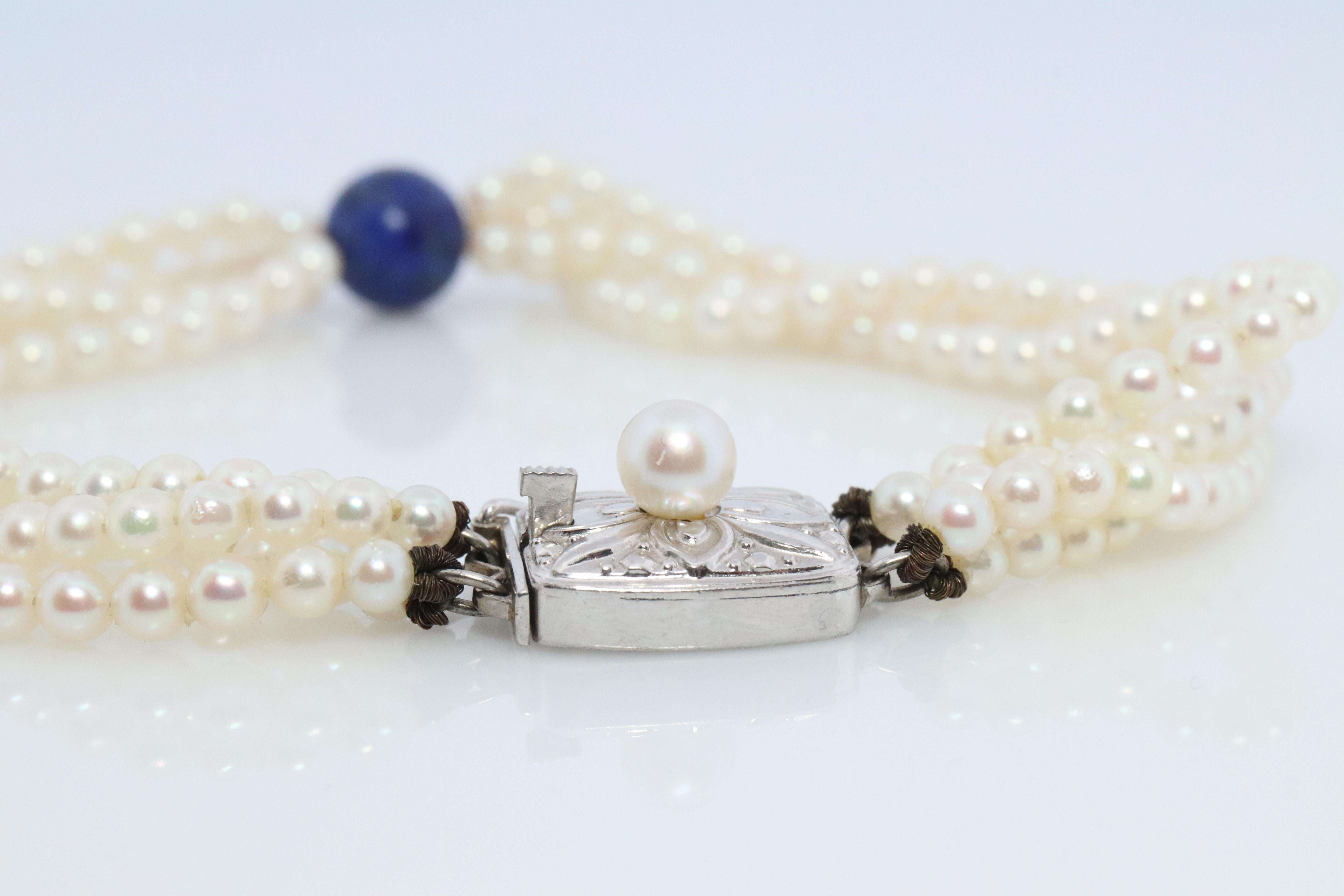 Mikimoto Bracelet. Vintage 14k Gold Mikimoto Pearl Strand Bracelet Lapis Lazuli. For Sale 1