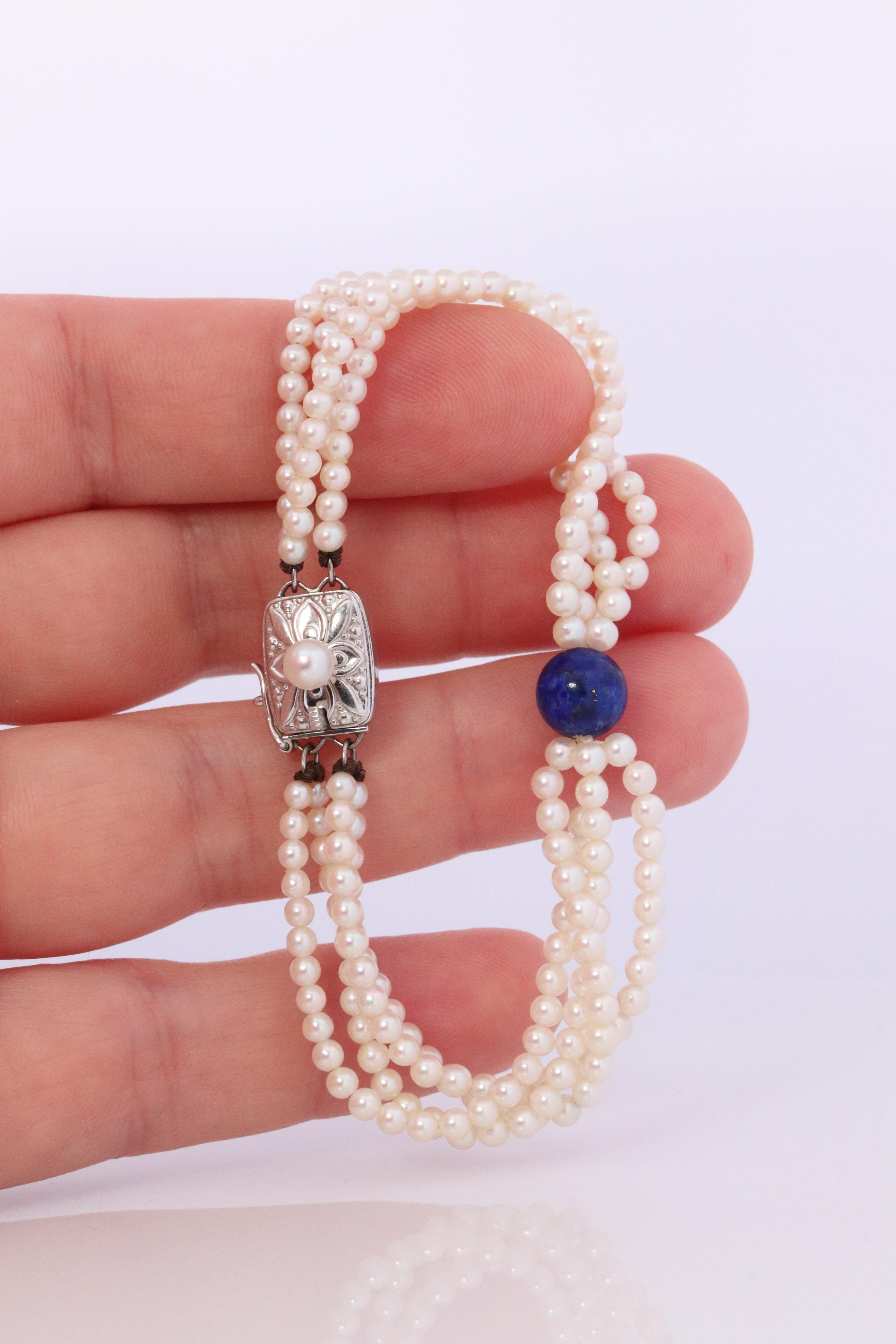 Mikimoto Bracelet. Vintage 14k Gold Mikimoto Pearl Strand Bracelet Lapis Lazuli. For Sale 3