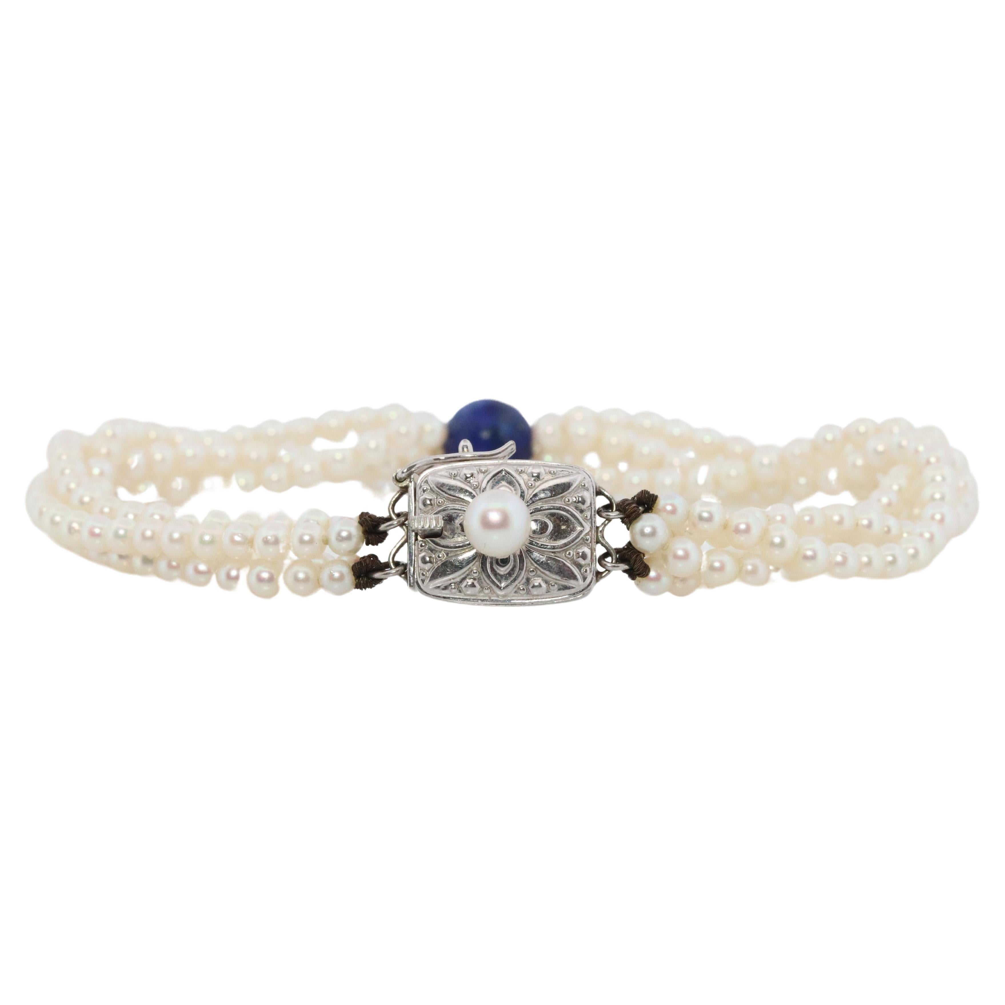 Mikimoto Bracelet. Vintage 14k Gold Mikimoto Pearl Strand Bracelet Lapis Lazuli.