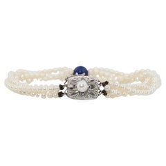 Mikimoto Bracelet. Vintage 14k Gold Mikimoto Pearl Strand Bracelet Lapis Lazuli.