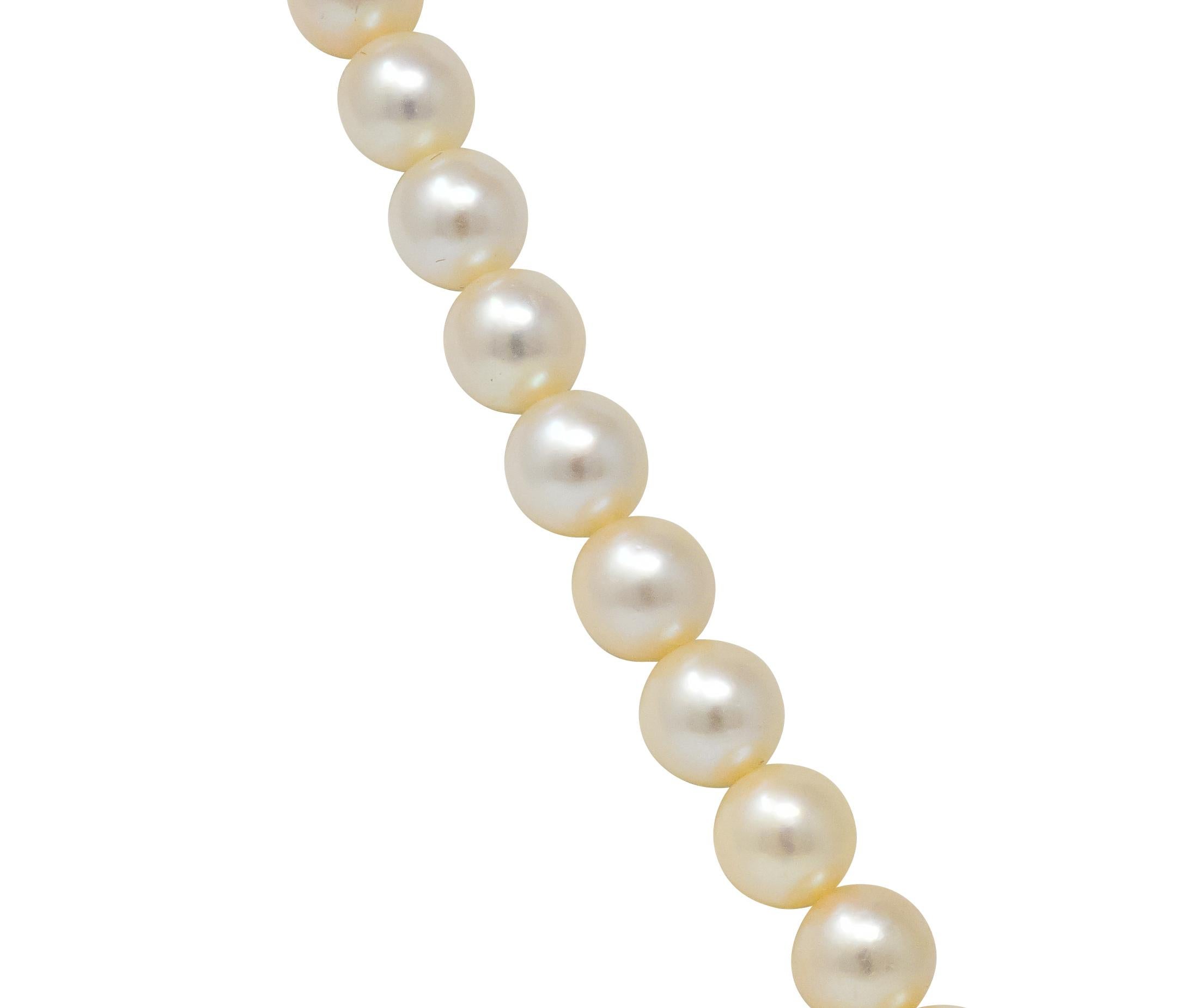 Featuring a strand of sixty-one round cultured pearls measuring approximately 6.8 mm

Very light cream to white body color, some with rose or green overtone, and very good to excellent luster and surface quality

Very well matched and unknotted