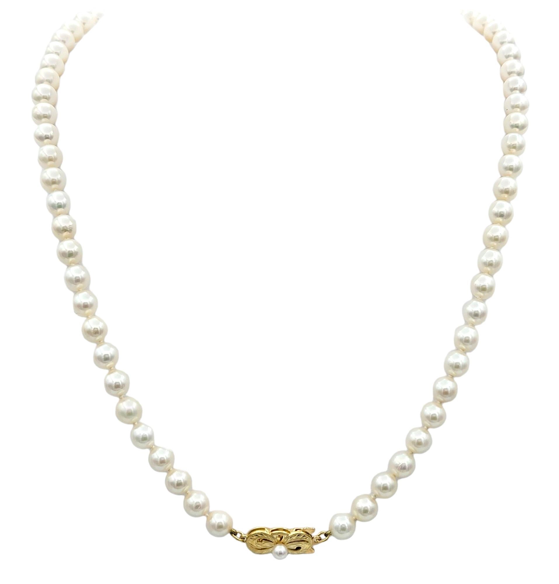This Mikimoto cultured Akoya pearl necklace exudes timeless elegance with its lustrous pearls and classic design. Each pearl is carefully selected for its high quality and uniformity, creating a seamless string of radiant beauty. The pearls are held