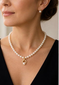 Mikimoto Akoya Pearl Necklace Suite, Diamond Pendant & Earrings, 18K Gold