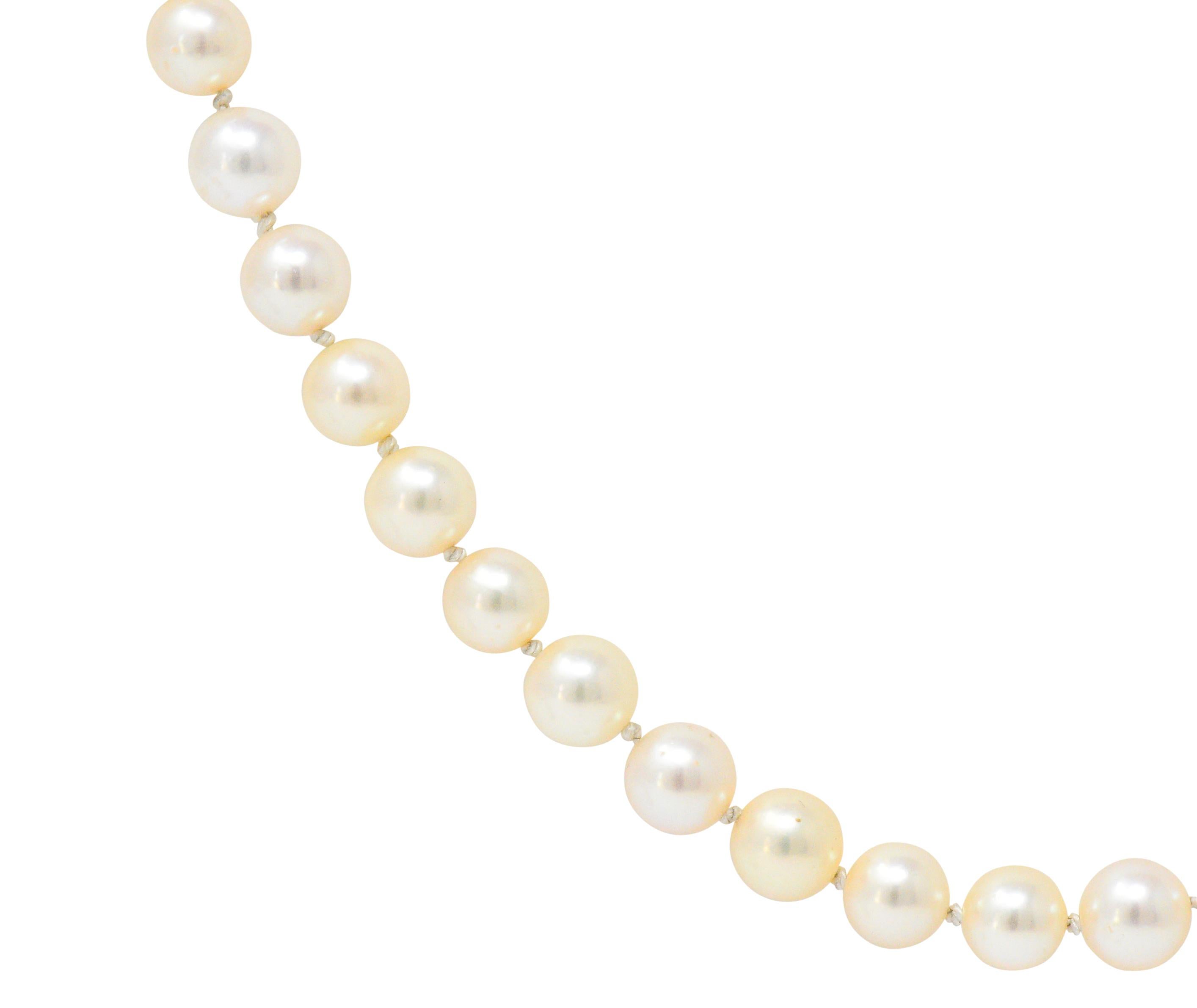 Featuring a strand of Mikimoto cultured pearls with very good luster, green and slight pink hues

Pearls measure 5.5 mm and necklace is 24