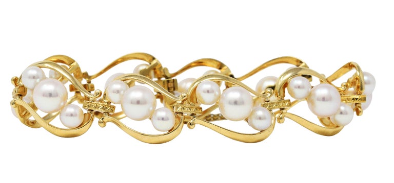 Mikimoto Cultured Pearl 14 Karat Yellow Gold Link Bracelet at 1stDibs