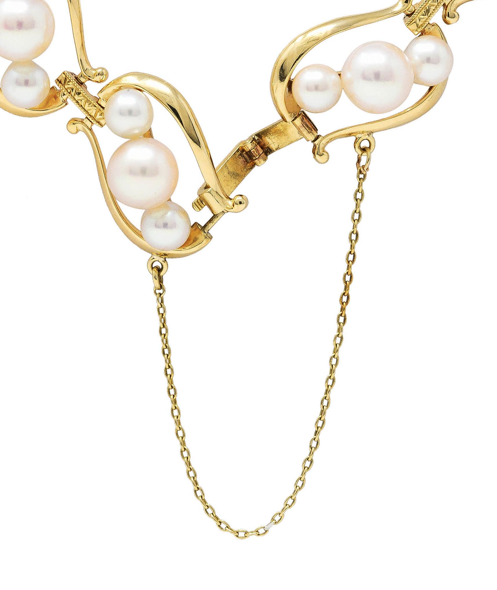 Contemporary Mikimoto Cultured Pearl 14 Karat Yellow Gold Link Bracelet