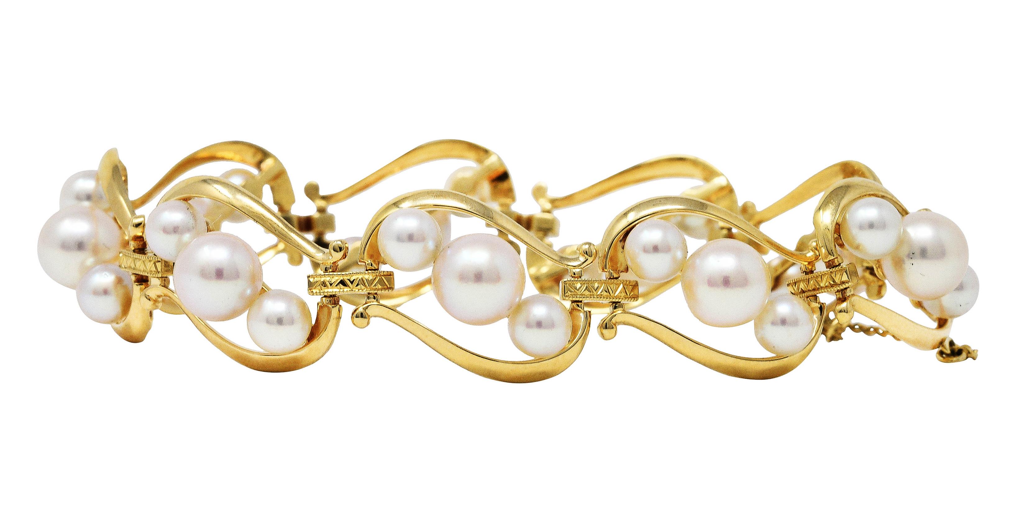 Women's or Men's Mikimoto Cultured Pearl 14 Karat Yellow Gold Link Bracelet