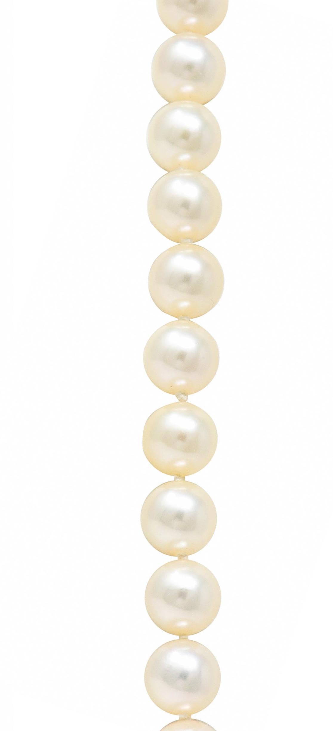 Mikimoto Cultured Pearl 18 Karat Gold Matinee Strand Necklace In Excellent Condition In Philadelphia, PA