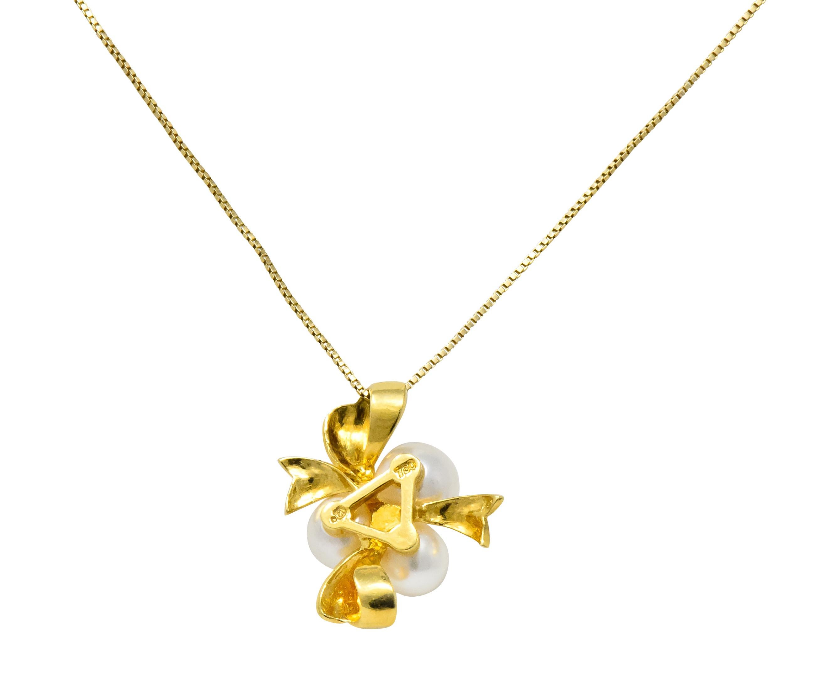 Modern Mikimoto Cultured Pearl 18 Karat Gold Ribbon Pendant Necklace