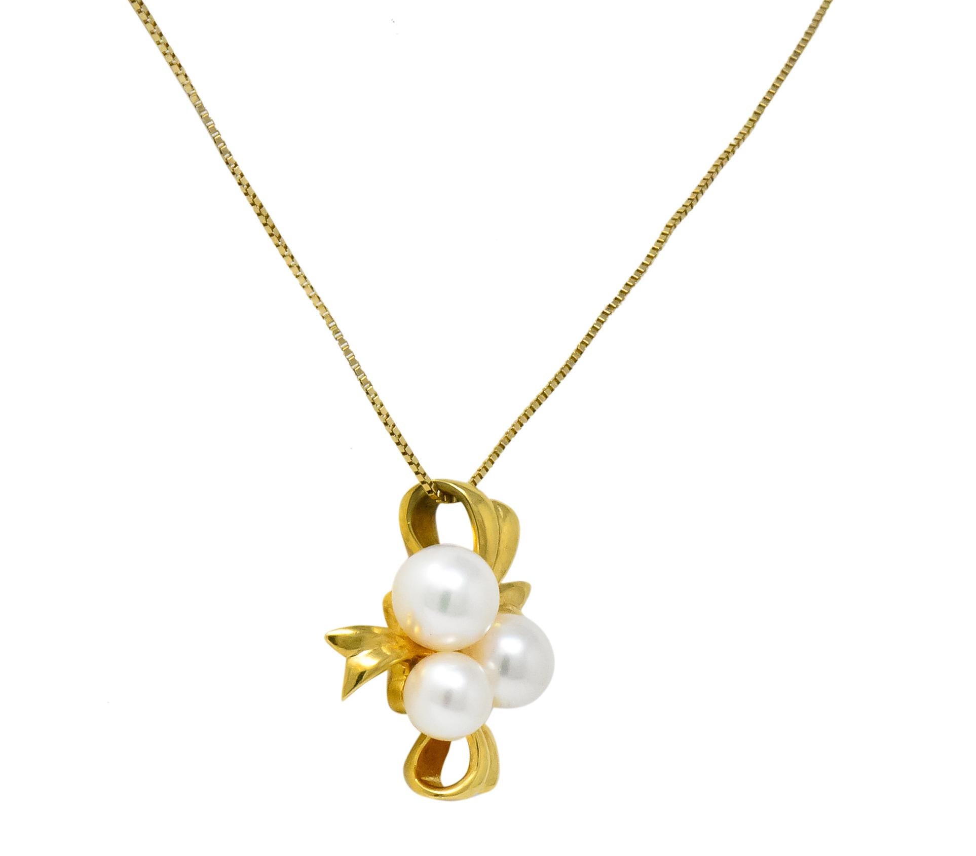 Mikimoto Cultured Pearl 18 Karat Gold Ribbon Pendant Necklace 1