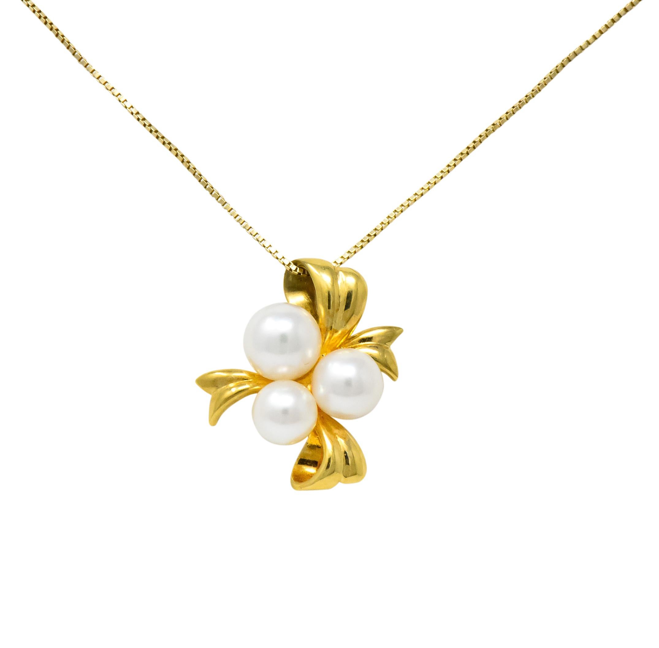 Mikimoto Cultured Pearl 18 Karat Gold Ribbon Pendant Necklace 2