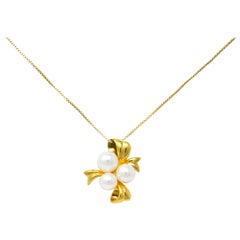 Mikimoto Cultured Pearl 18 Karat Gold Ribbon Pendant Necklace