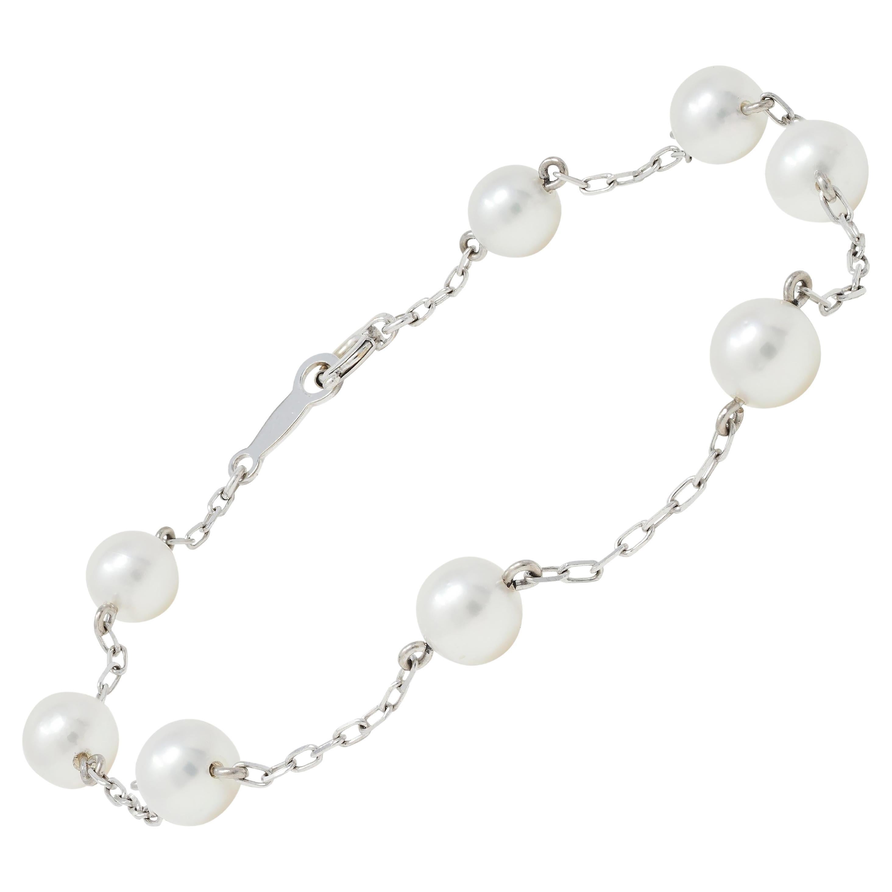 Mikimoto Cultured Pearl 18 Karat White Gold Vintage Beaded Link Bracelet