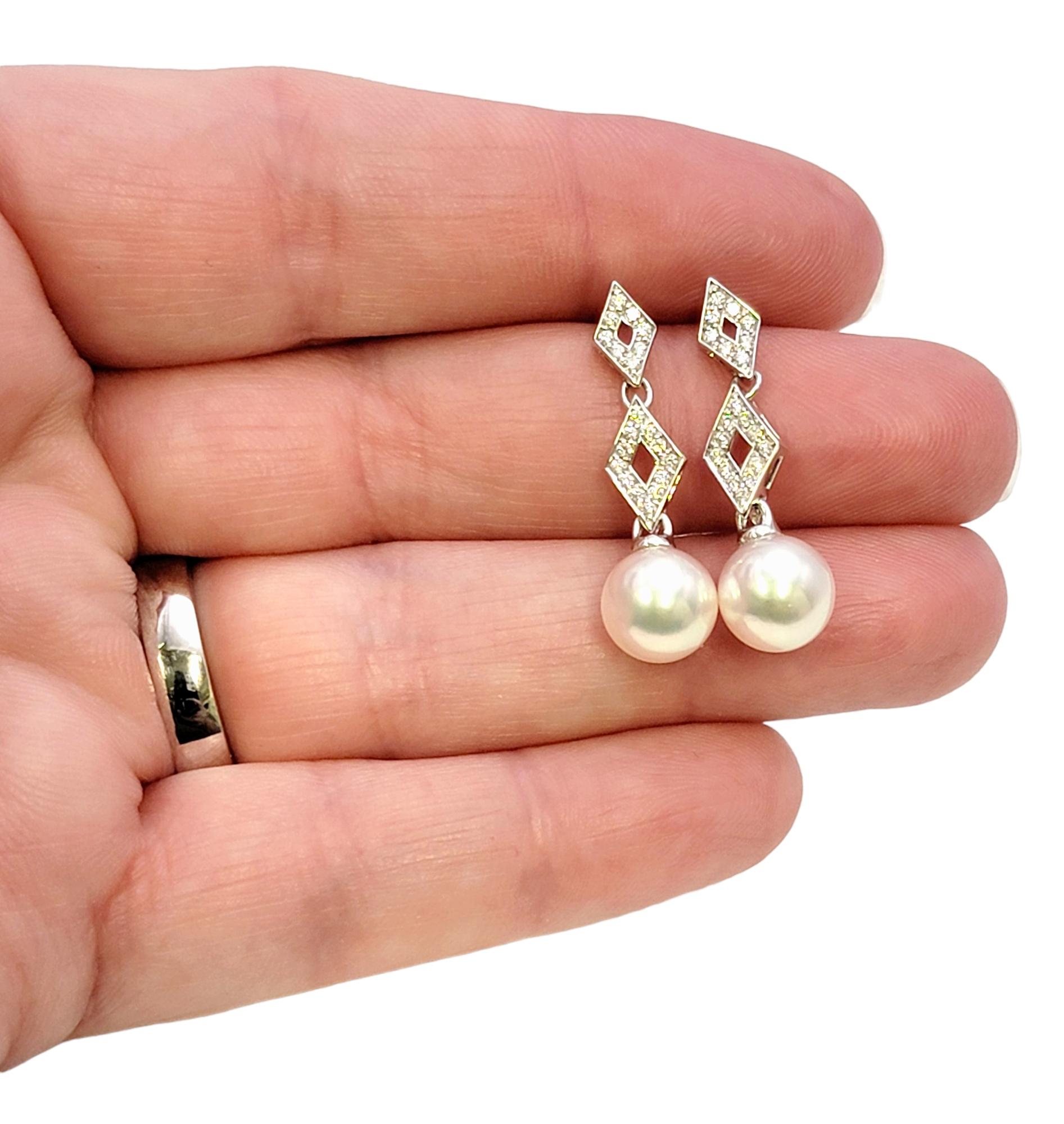 Mikimoto Cultured Pearl and Diamond Dangle Pierced Earrings 18 Karat White Gold For Sale 1