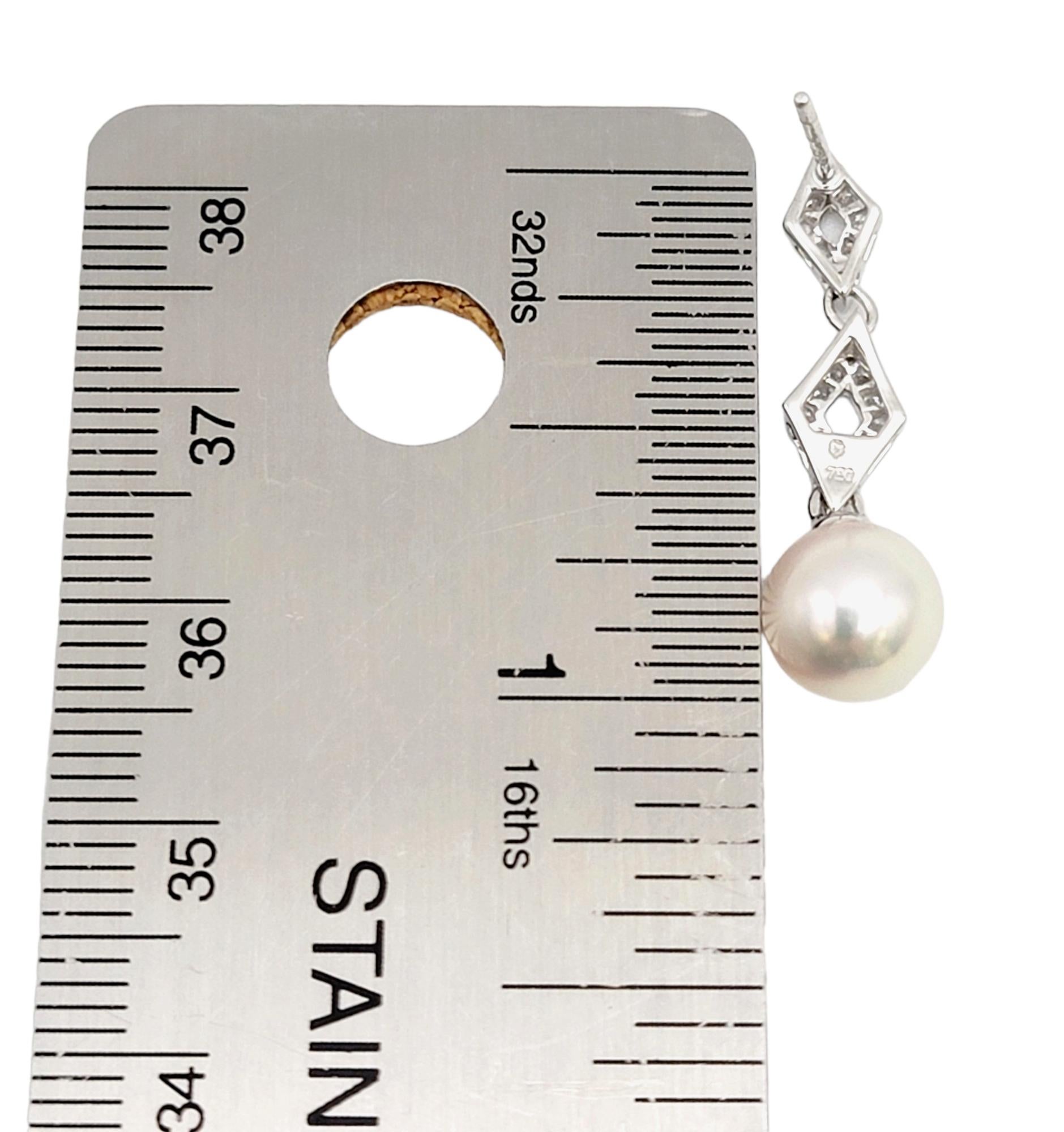 Mikimoto Cultured Pearl and Diamond Dangle Pierced Earrings 18 Karat White Gold For Sale 3