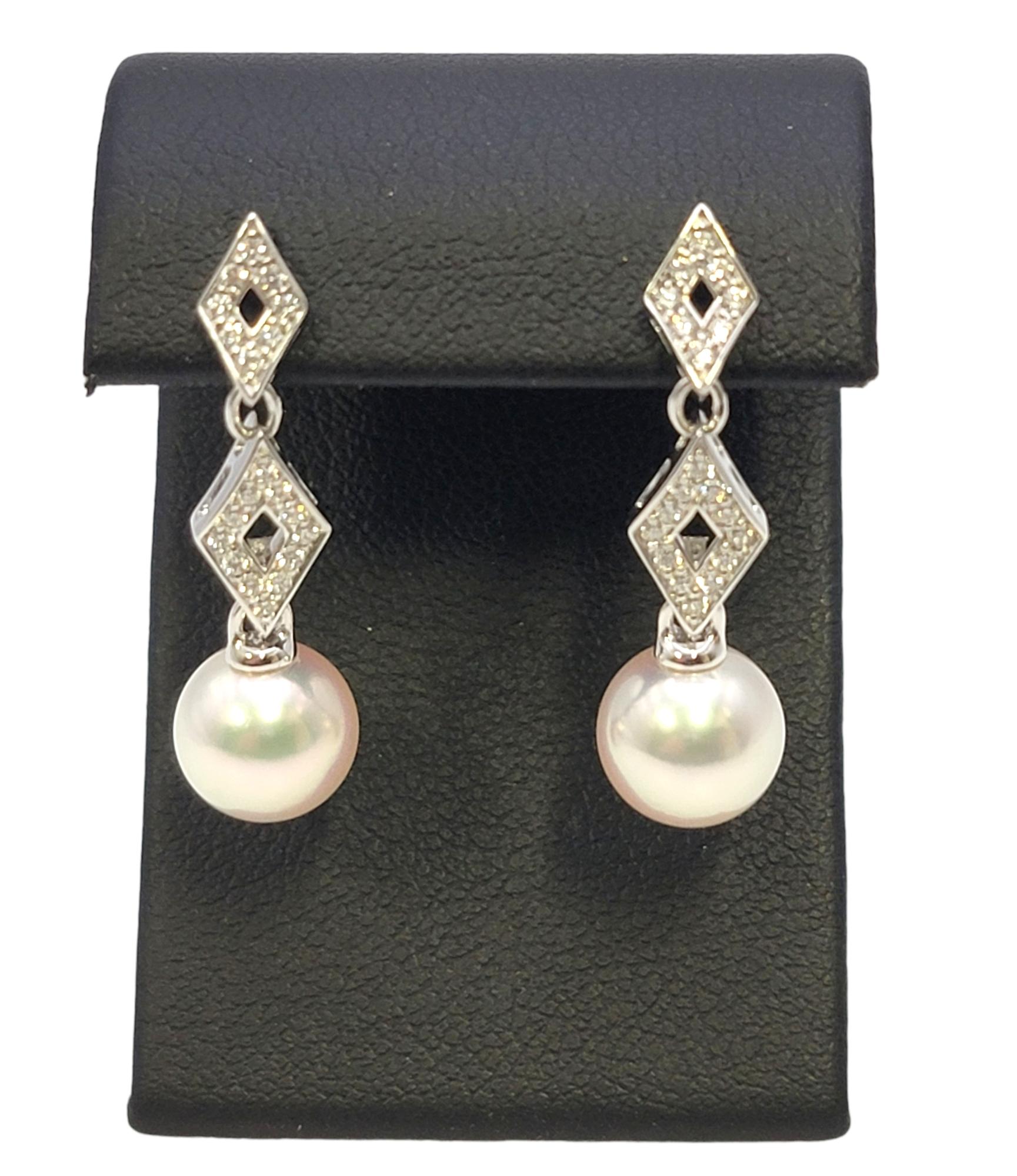 Contemporary Mikimoto Cultured Pearl and Diamond Dangle Pierced Earrings 18 Karat White Gold For Sale
