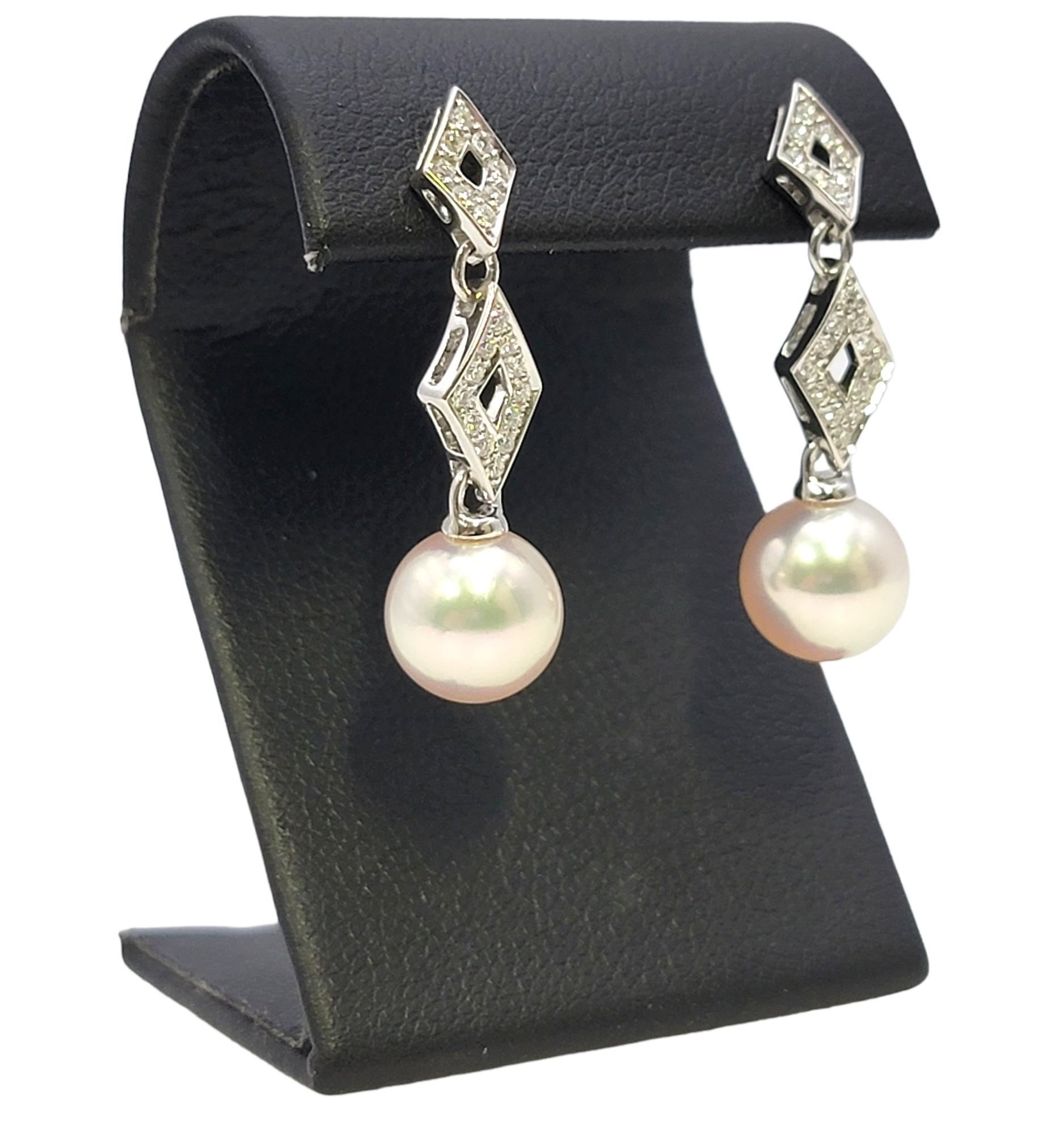 Round Cut Mikimoto Cultured Pearl and Diamond Dangle Pierced Earrings 18 Karat White Gold For Sale