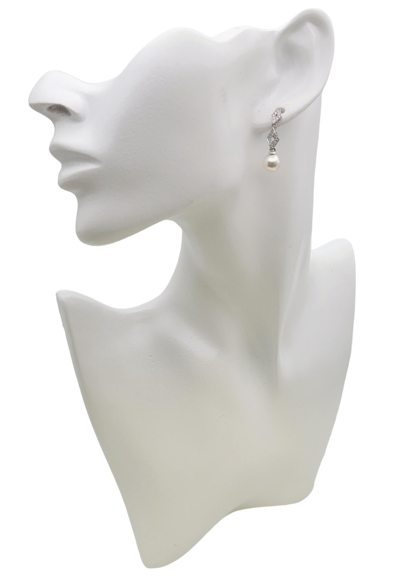 Women's Mikimoto Cultured Pearl and Diamond Dangle Pierced Earrings 18 Karat White Gold For Sale