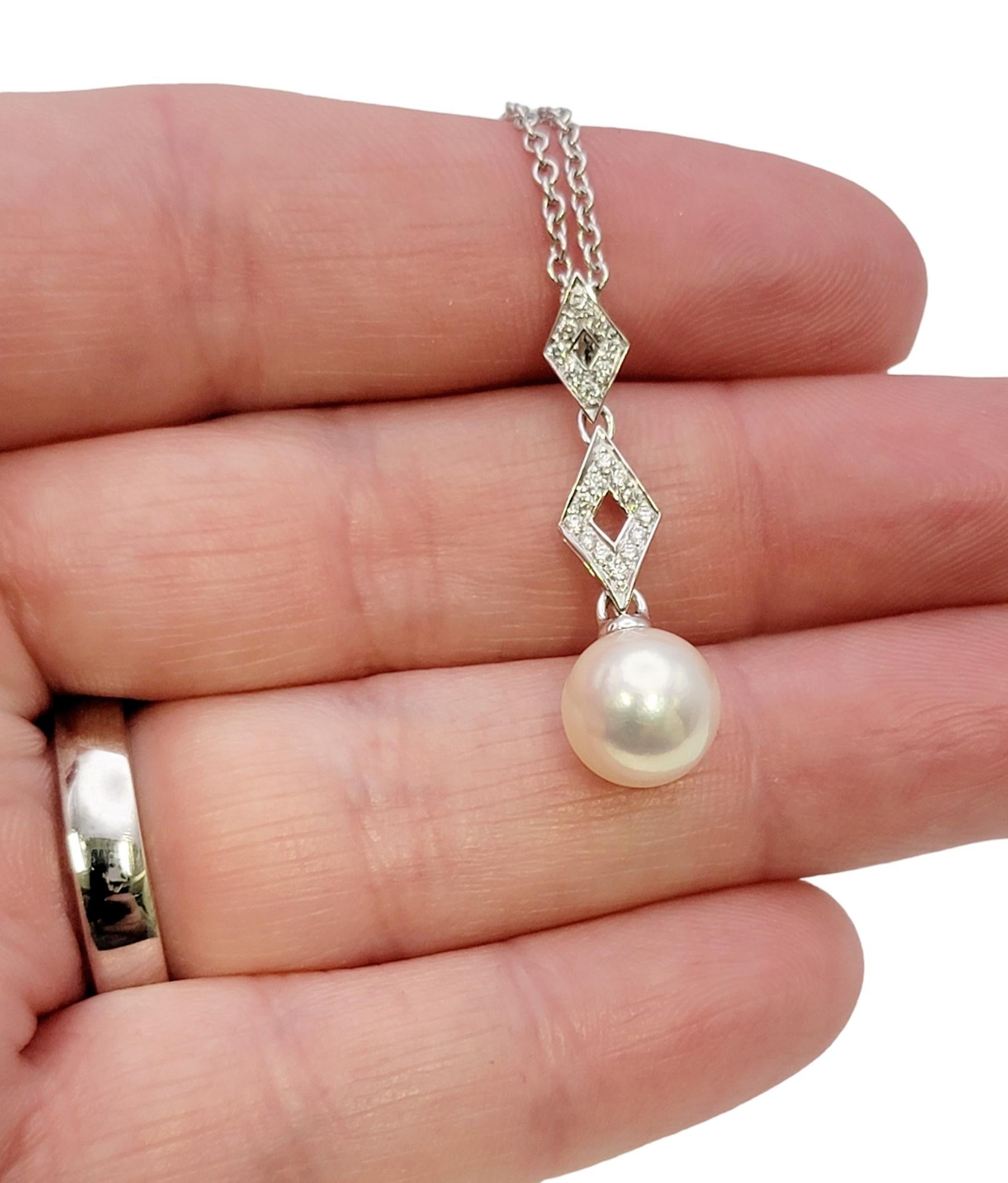 Mikimoto Cultured Pearl and Diamond Drop Pendant Necklace in 18 Karat White Gold For Sale 4
