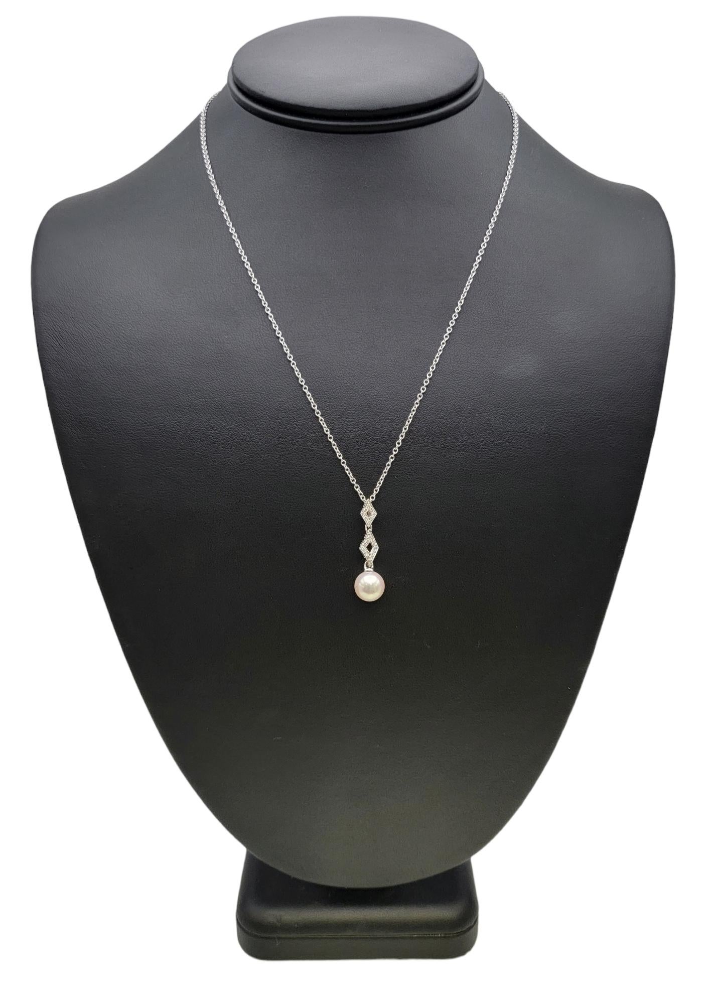 Mikimoto Cultured Pearl and Diamond Drop Pendant Necklace in 18 Karat White Gold For Sale 5