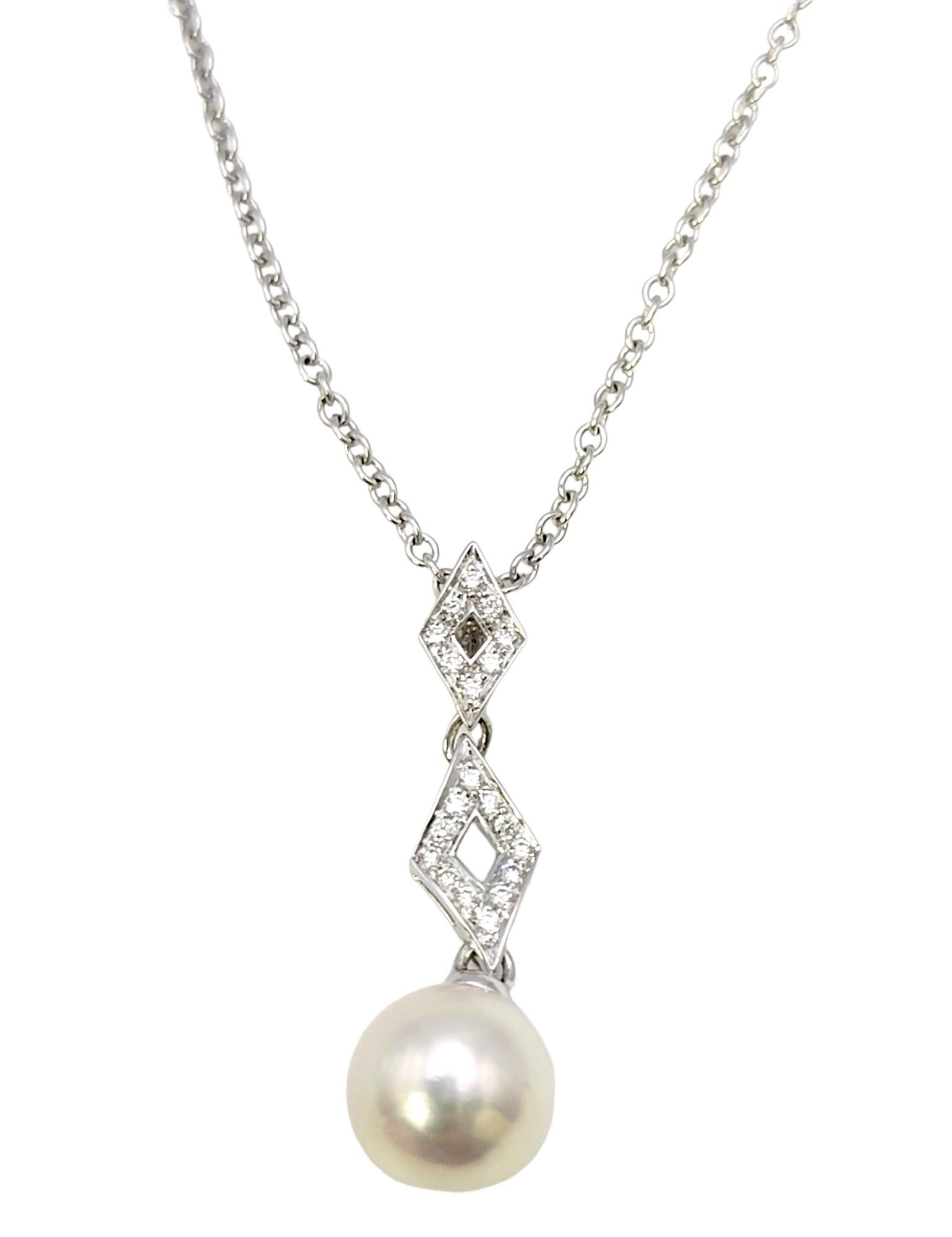 Utterly timeless diamond and pearl necklace by renowned jeweler, Mikimoto. Mikimoto is an international luxury company, recognized as the first producer of cultured pearl jewelry. The worldwide brand is known for its superior craftsmanship,