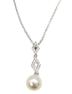 Mikimoto Cultured Pearl and Diamond Drop Pendant Necklace in 18 Karat White Gold
