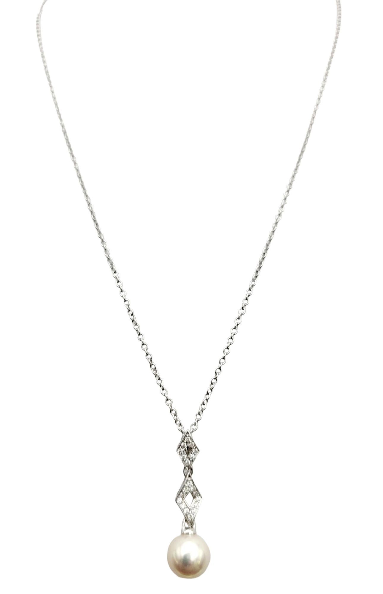 Contemporary Mikimoto Cultured Pearl and Diamond Drop Pendant Necklace in 18 Karat White Gold For Sale