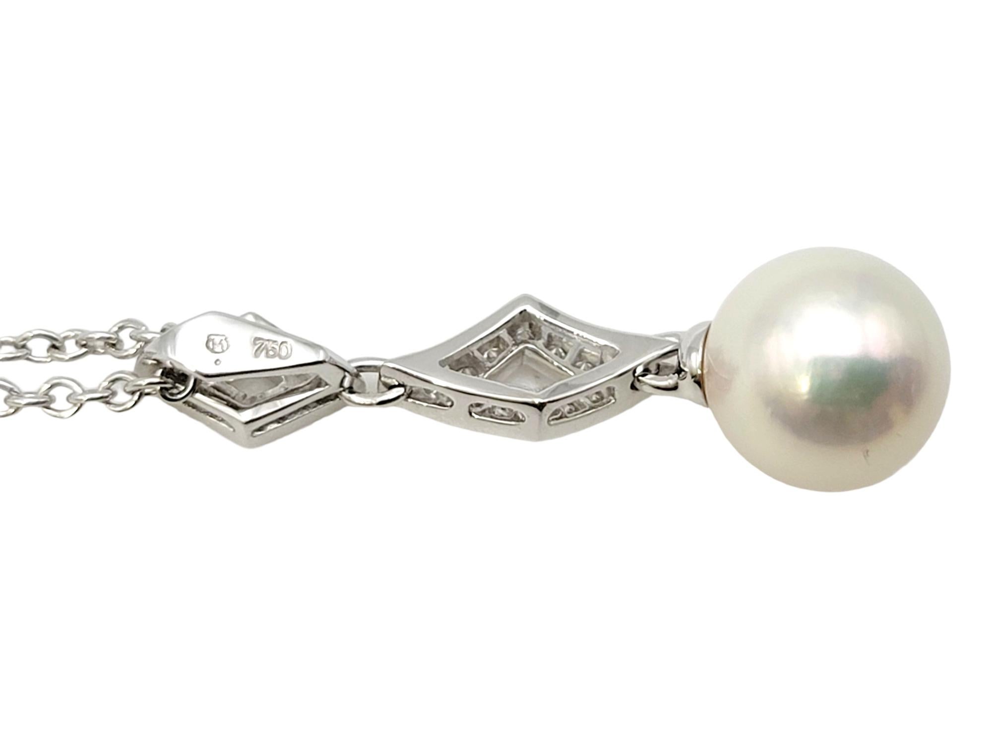 Mikimoto Cultured Pearl and Diamond Drop Pendant Necklace in 18 Karat White Gold In Excellent Condition For Sale In Scottsdale, AZ
