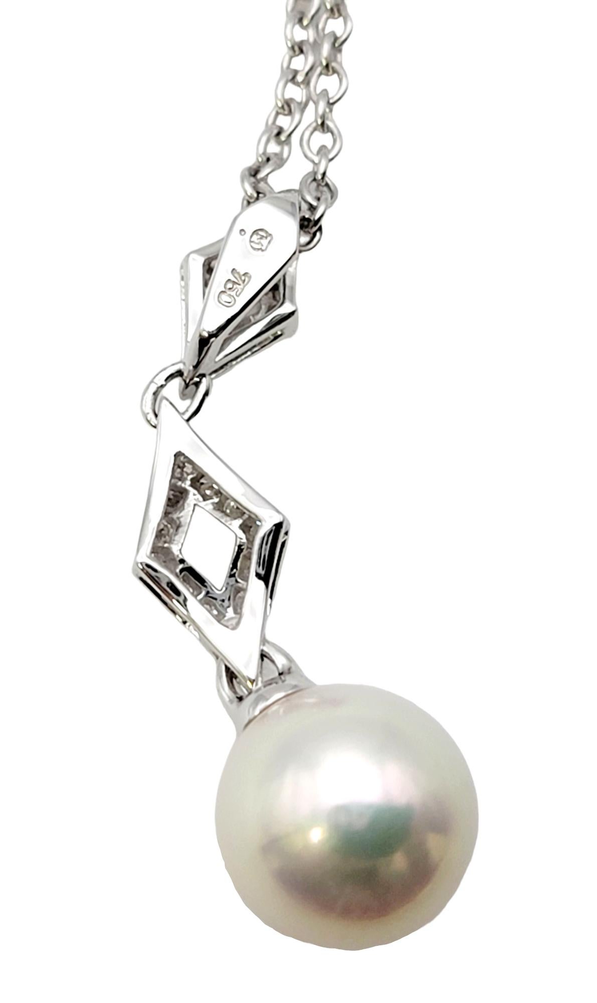 Women's Mikimoto Cultured Pearl and Diamond Drop Pendant Necklace in 18 Karat White Gold For Sale