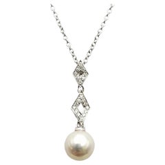 Mikimoto Cultured Pearl and Diamond Drop Pendant Necklace in 18 Karat White Gold