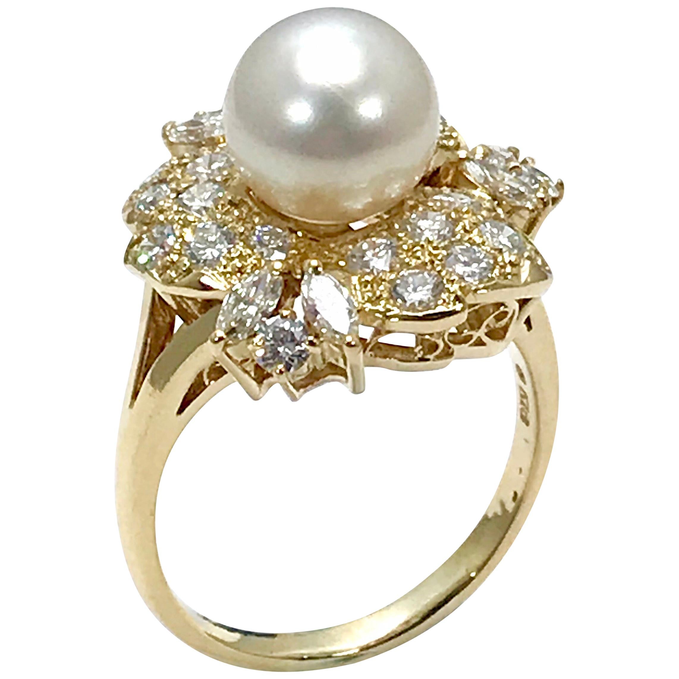 Mikimoto Cultured Pearl and Diamond Yellow Gold Fashion Ring