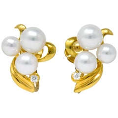 Mikimoto Cultured Pearl Diamond 18 Karat Gold Screwback Earrings
