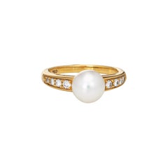 Mikimoto Cultured Pearl Diamond Ring Estate 18k Yellow Gold Retro Jewelry
