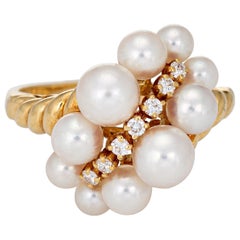 Mikimoto Cultured Pearl Diamond Ring Vintage 18 Karat Gold Graduated Akoya