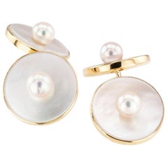 Vintage Mikimoto Cultured Pearl Mother of Pearl Yellow Gold Cufflinks