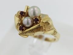 Mikimoto Cultured Pearl, Ruby, 18k Yellow Gold Nugget Style Ring