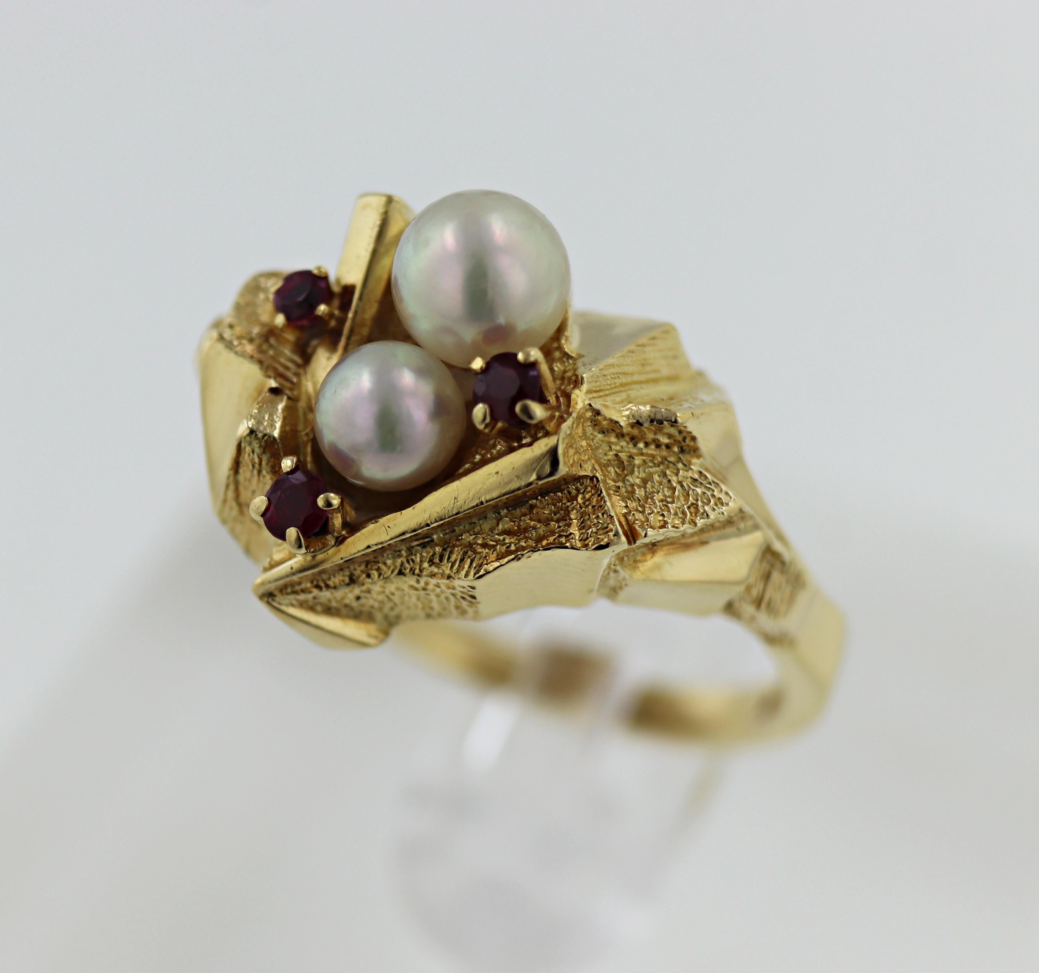 Artisan Mikimoto Cultured Pearl, Ruby, 18k Yellow Gold Nugget Style Ring For Sale