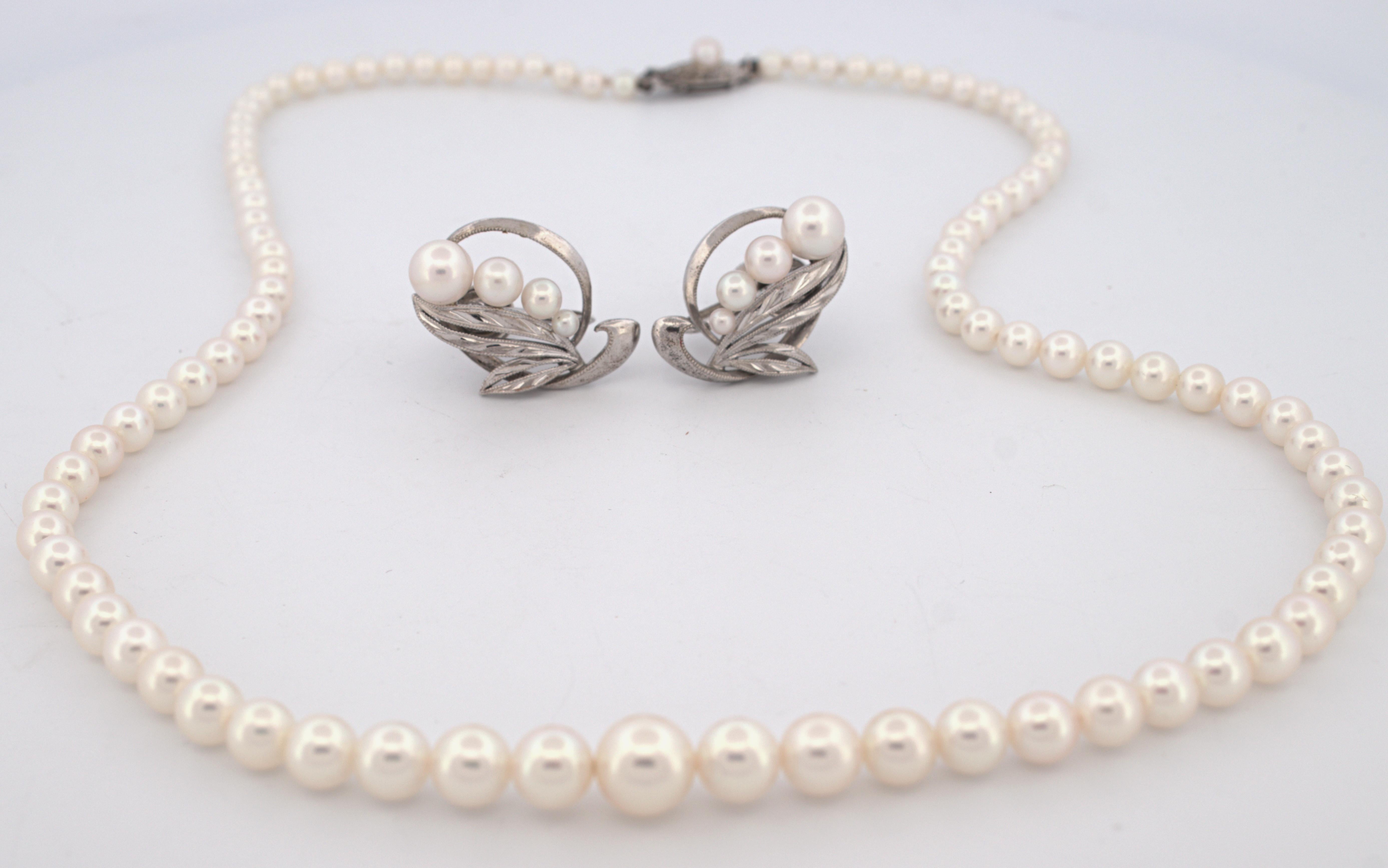 Artisan Mikimoto Cultured Pearl, Silver Necklace and Earrings Suite For Sale